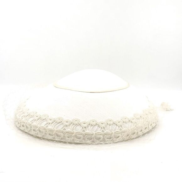 Vintage 1950s Ivory Mushroom Hat Daisy Lace Trim & Net Veil Bridal Cocktail - Picture 8 of 14